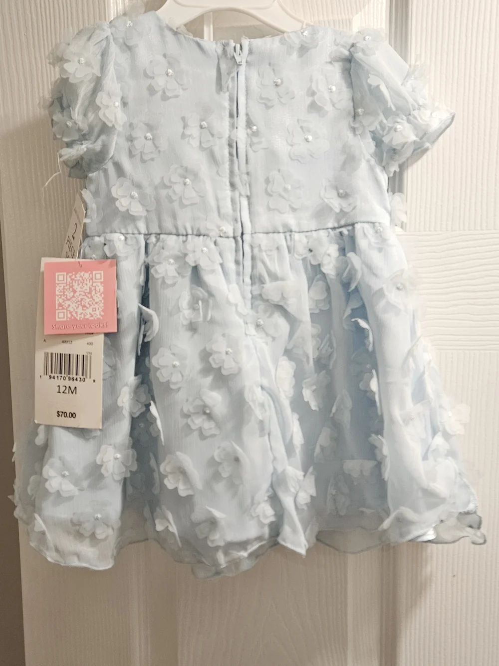 Rare Editions Baby Girl Blue 3D Floral Party Dress Bloomer Set 12M NWT